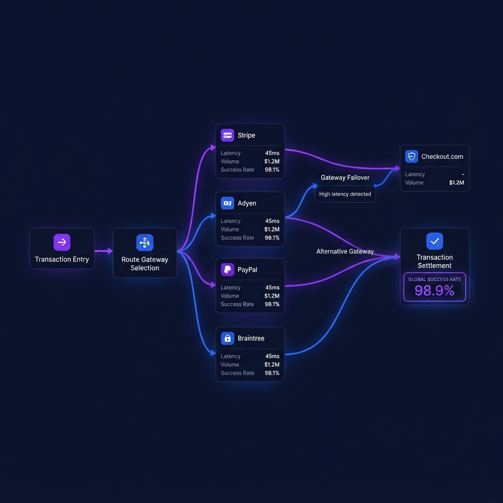 Payment routing diagram showing a declined transaction rerouted through a second gateway and captured