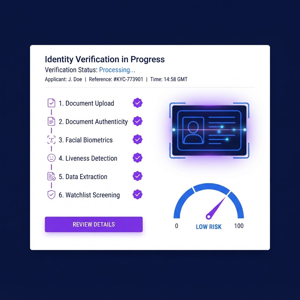 Identity verification interface showing completed PAN, Aadhaar and GSTIN checks with a low risk score
